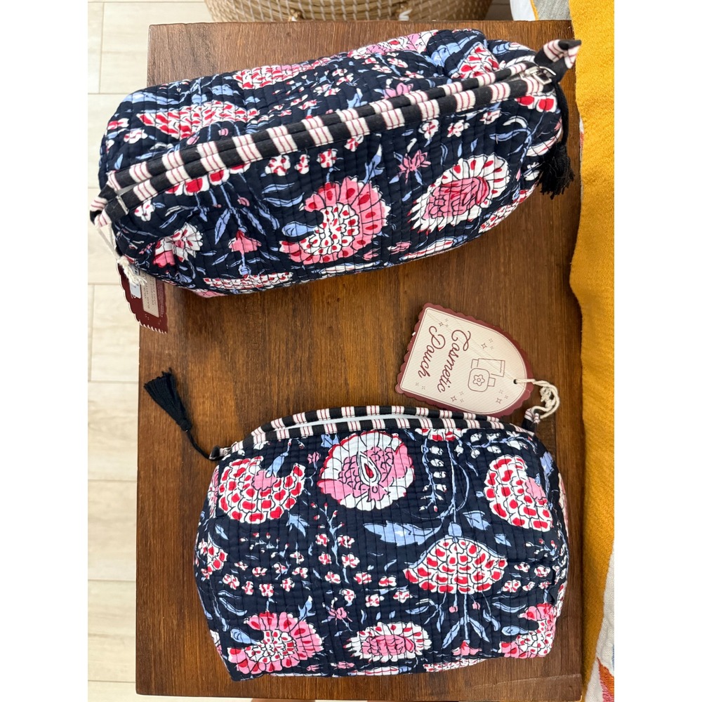 Set of 2 Quilted Blue & Pink Floral Cosmetic Pouches Cotton Makeup Bags NWT